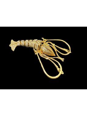 Vintage Articulated Shrimp Brooch Prawn Gold Tone Pave Rhinestone Movable